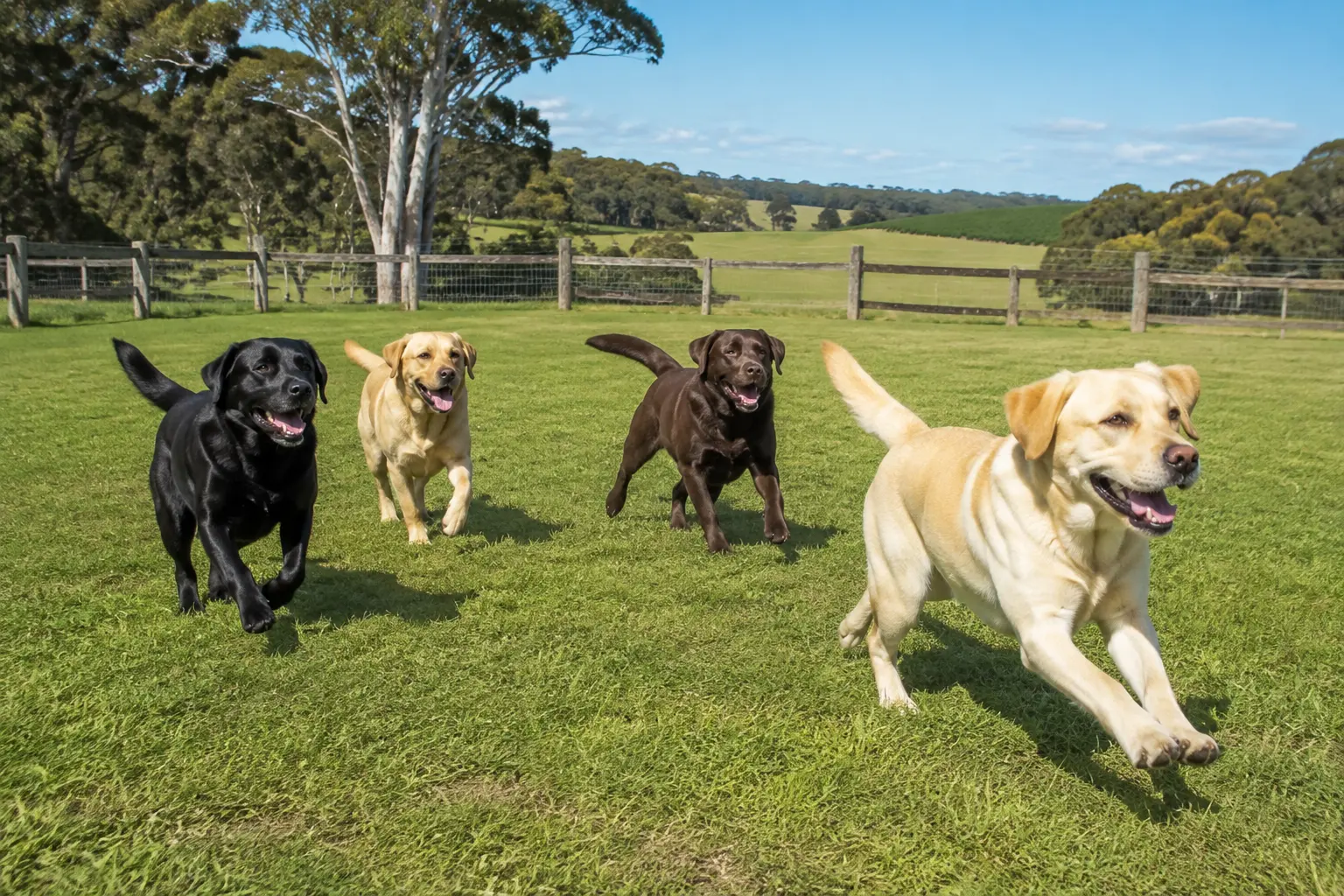 Four labradors running together across a green farm paddock