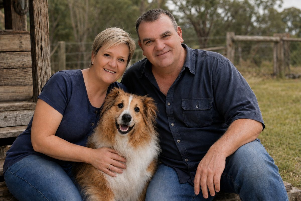 Kim and Tim with their dog at the farm