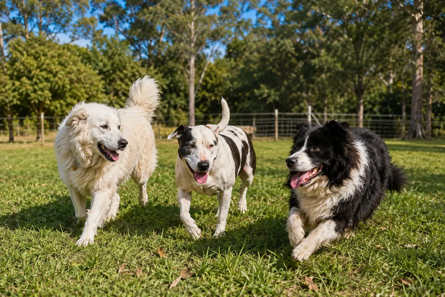 Dogs playing and running together in an open green paddock