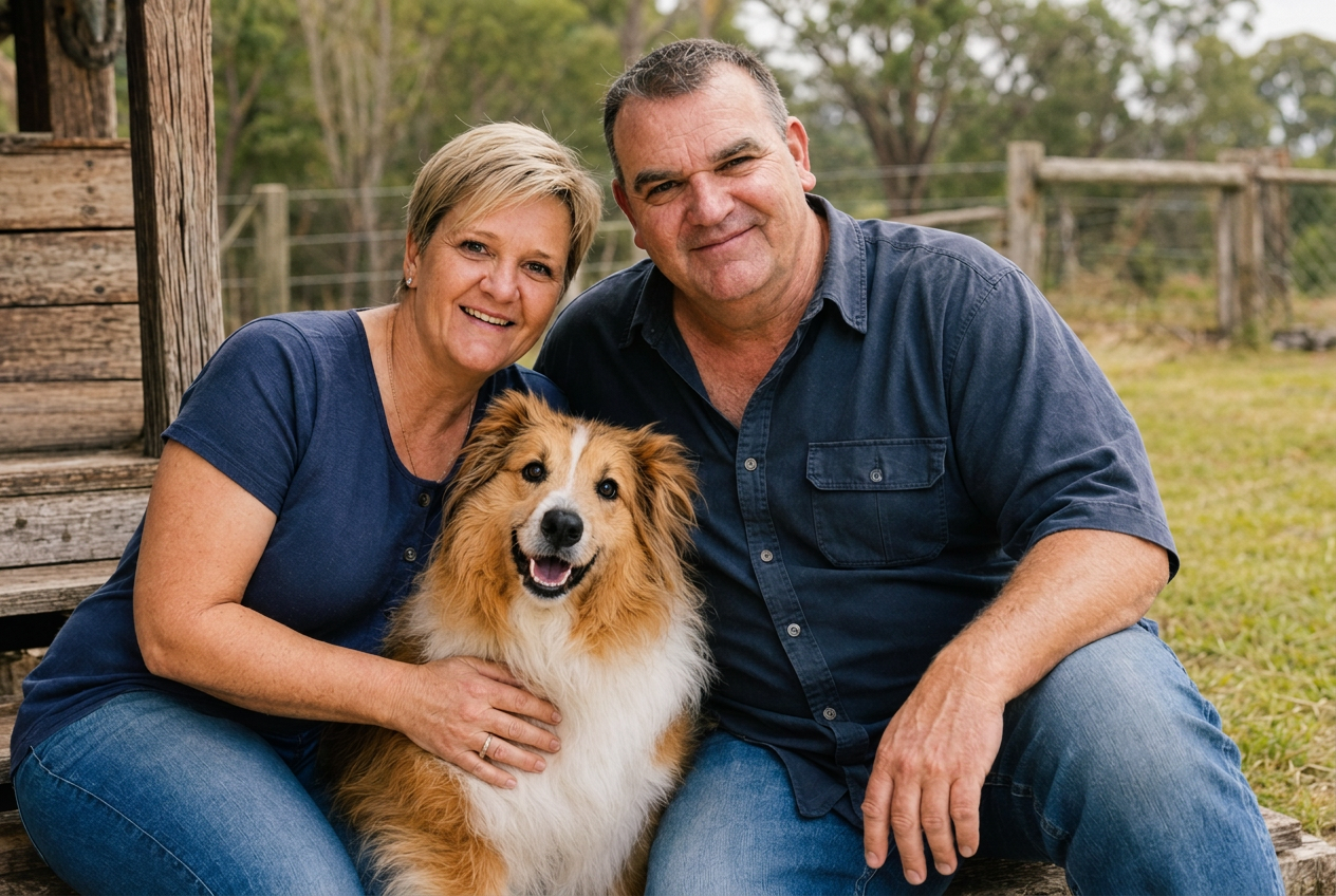 Kim and Tim sitting on the farmhouse steps with their dog