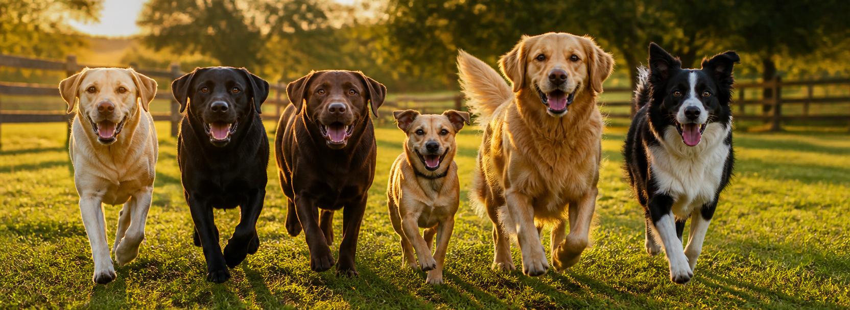 A pack of happy dogs running across a farm paddock at Big Dog Farm Stay