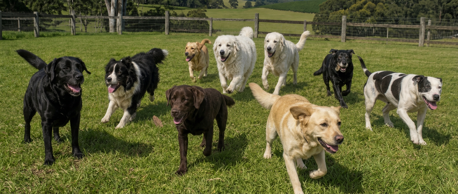 A pack of happy dogs running across a farm paddock at Big Dog Farm Stay