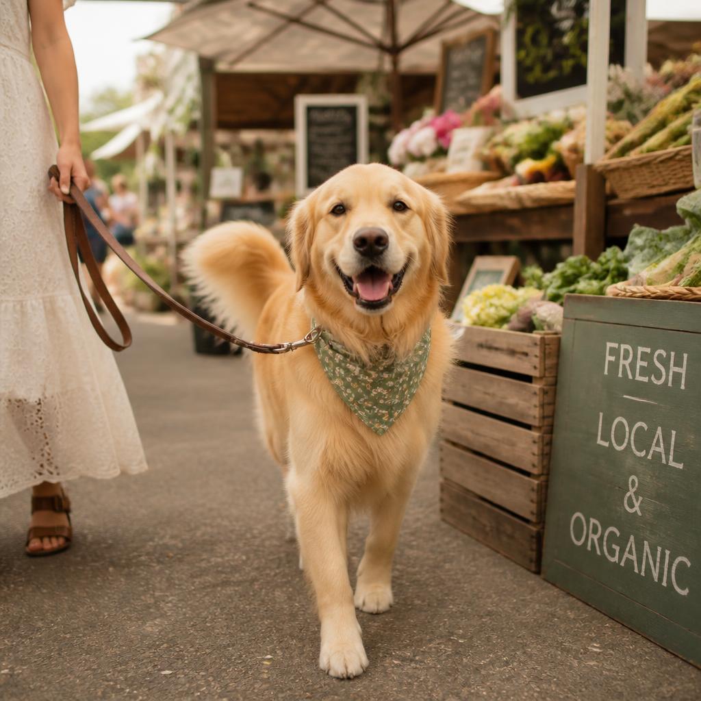 A golden retriever enjoying a walk through a farmers market