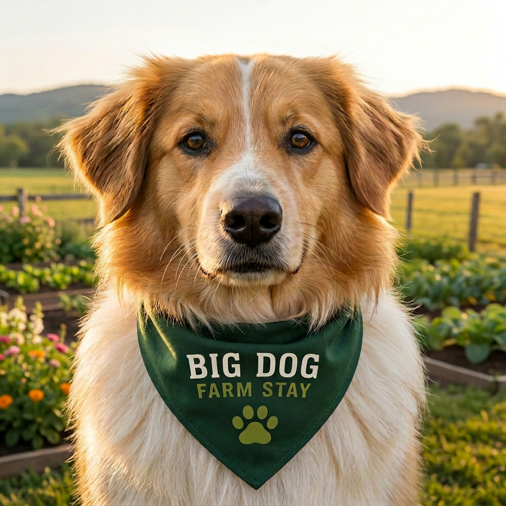 Ollie, our Chief Welcome Officer, in his Big Dog Farm Stay bandana