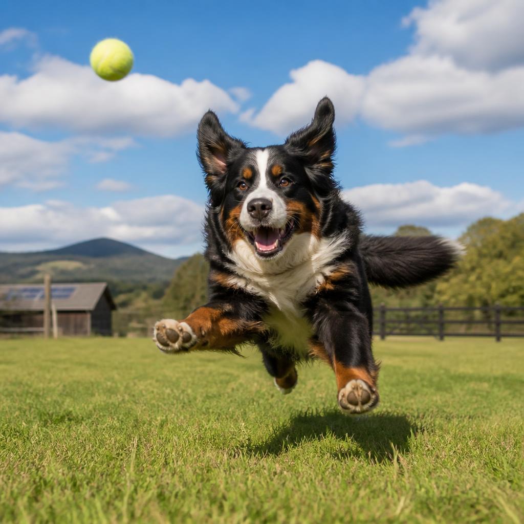 A happy dog chasing a tennis ball in an open paddock